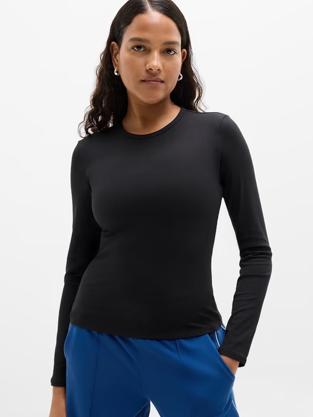 NWT Athleta Black Long Sleeve Crewneck Ribbed Top - Slim Fit - XS